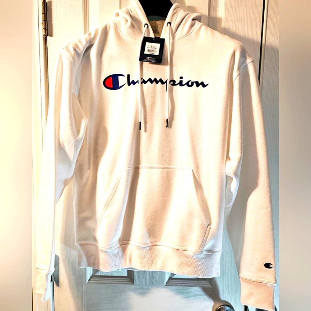 Champion white  hoodie with the "CHAMPION" written in blue and red